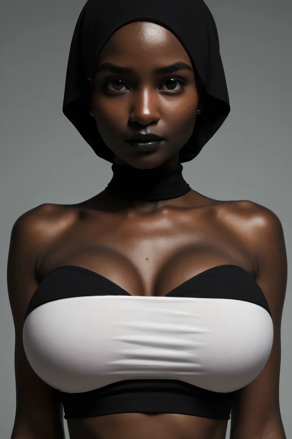Skinny, green fluorescence Strapless Jumbo (Fatty), adorable, (1 girl), (face to face), , baby face, sad, half body portrait, (face details: 1), (eye details: 1), ((big breasts Solid:1.54)). wearing translucent (transparent) transparency (soft short t-shirt cropped) , hijab, .. Cute posed. proportional body. Ultra High Res. realistic: 1.4, UHD, view from side seductive pose, (Lulu Chu:1.3), (Dark black Lipstick:1.2), (sad face expressions:1.3) LITTLE SMALL GIRLS, LITTLE SMALL GIRLS, LITTLE SMALL GIRLS, (shine dark black tone skin:1.7)