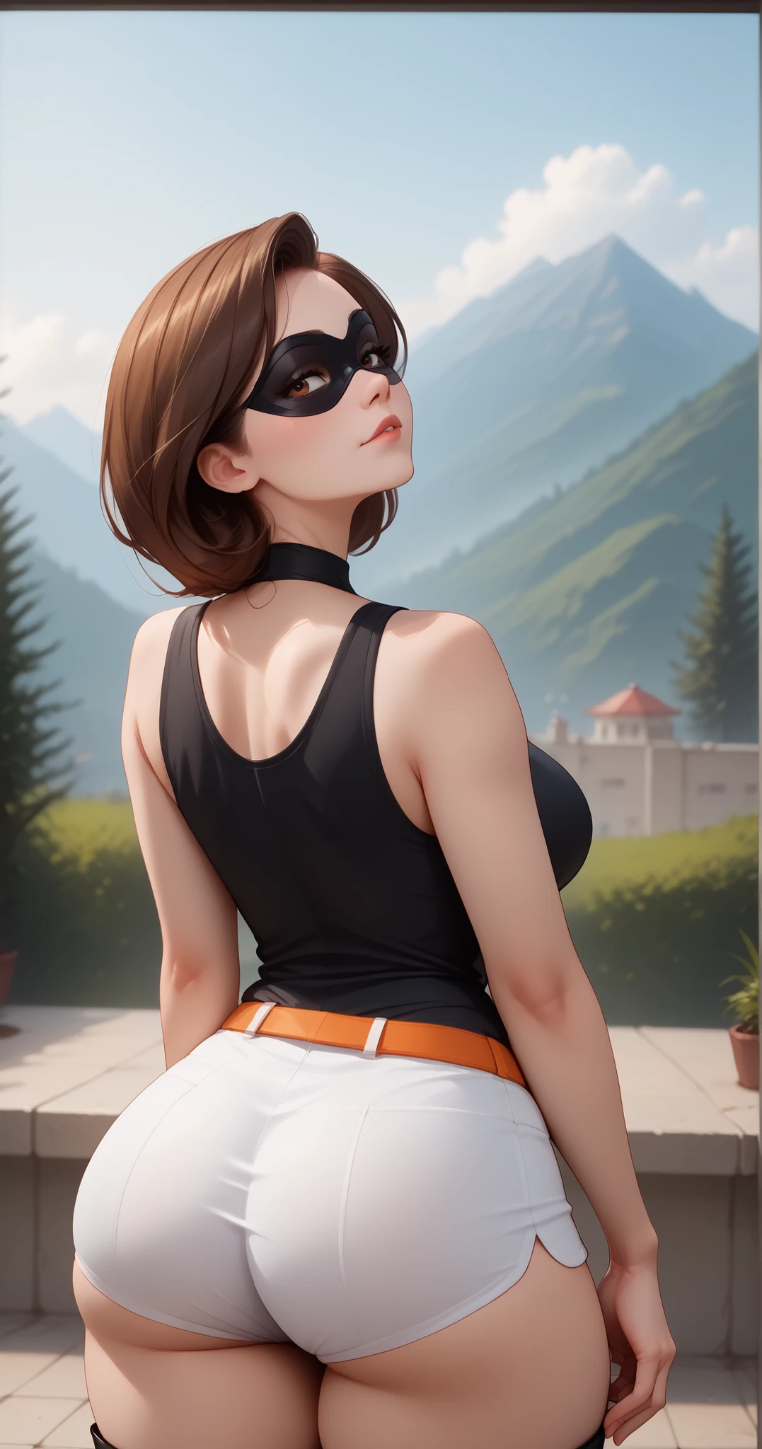 score_9 , score_8_up , score_7_up , score_6_up , BREAK, (((Best Quality , 8K , Masterpiece: 1 . 3)) , Full Body , Focus Clear: 1 . 2 , Outstanding Beauty: 1 . 4 , Slender Abs: 1 . 2)) , ((dynamic angle)) , (((wide view))) , wide-angle lens , extremely detailed , CG , 8k Amazing , finely detail)) , (intricate details , depth of field) , 8k UHD, Expressiveh , (cute face , cute body))), 1girl, high detailed, backside, photo from behind, thicc, wide hips, tight shorts, detailed face, beautiful expression, alluring gaze, captivating pose, elegant silhouette, dynamic composition, cinematic lighting, warm color palette, photorealistic, 8K, hyper detailed, professional photography, natural skin tones, studio lighting, (((1girl, helenp, helen parr, elastigirl, brown hair, brown eyes, domino mask, mask, red bodysuit, black highleg shorts, orange belt, black elbow gloves, black thigh boots, wide hips, medium breasts))), ((((seductive pose , sexy pose , cowboy pose , hourglass figure)))) , ((precise face and eyes:1))