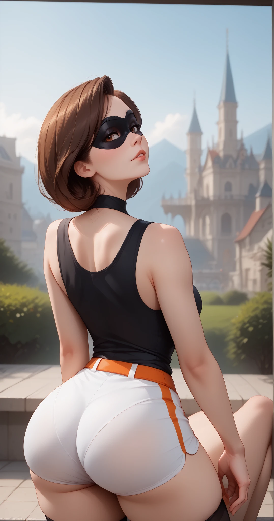 score_9 , score_8_up , score_7_up , score_6_up , BREAK, (((Best Quality , 8K , Masterpiece: 1 . 3)) , Full Body , Focus Clear: 1 . 2 , Outstanding Beauty: 1 . 4 , Slender Abs: 1 . 2)) , ((dynamic angle)) , (((wide view))) , wide-angle lens , extremely detailed , CG , 8k Amazing , finely detail)) , (intricate details , depth of field) , 8k UHD, Expressiveh , (cute face , cute body))), 1girl, high detailed, backside, photo from behind, thicc, wide hips, tight shorts, detailed face, beautiful expression, alluring gaze, captivating pose, elegant silhouette, dynamic composition, cinematic lighting, warm color palette, photorealistic, 8K, hyper detailed, professional photography, natural skin tones, studio lighting, (((1girl, helenp, helen parr, elastigirl, brown hair, brown eyes, domino mask, mask, red bodysuit, black highleg shorts, orange belt, black elbow gloves, black thigh boots, wide hips, medium breasts))), ((((seductive pose , sexy pose , cowboy pose , hourglass figure)))) , ((precise face and eyes:1))