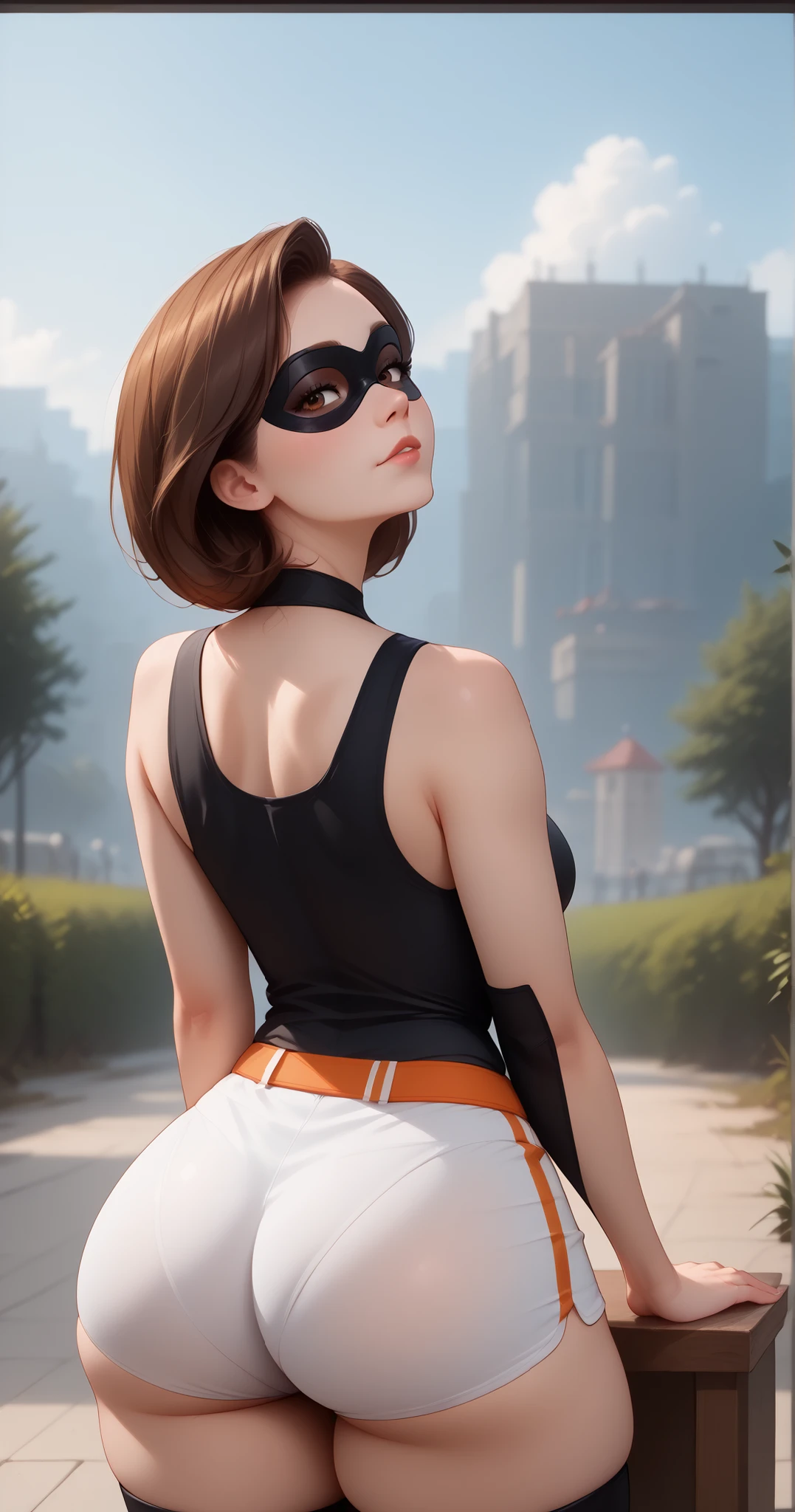 score_9 , score_8_up , score_7_up , score_6_up , BREAK, (((Best Quality , 8K , Masterpiece: 1 . 3)) , Full Body , Focus Clear: 1 . 2 , Outstanding Beauty: 1 . 4 , Slender Abs: 1 . 2)) , ((dynamic angle)) , (((wide view))) , wide-angle lens , extremely detailed , CG , 8k Amazing , finely detail)) , (intricate details , depth of field) , 8k UHD, Expressiveh , (cute face , cute body))), 1girl, high detailed, backside, photo from behind, thicc, wide hips, tight shorts, detailed face, beautiful expression, alluring gaze, captivating pose, elegant silhouette, dynamic composition, cinematic lighting, warm color palette, photorealistic, 8K, hyper detailed, professional photography, natural skin tones, studio lighting, (((1girl, helenp, helen parr, elastigirl, brown hair, brown eyes, domino mask, mask, red bodysuit, black highleg shorts, orange belt, black elbow gloves, black thigh boots, wide hips, medium breasts))), ((((seductive pose , sexy pose , cowboy pose , hourglass figure)))) , ((precise face and eyes:1))