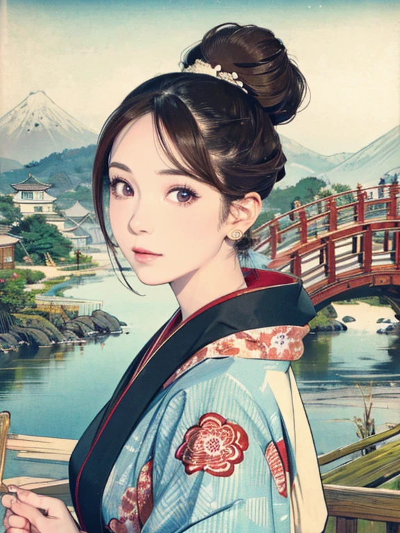 (highest quality, 8k, masterpiece, high resolution), (whole body), vibrant colors, brown-black bob, traditional topknot, ample breasts, (highly detailed face and eyes,beautiful face,beautiful eyes,beautiful nose,pretty lips), official art, ukiyo-e style, (beautiful woman in kimono), (vivid floral patterned kimono), background, river, bridge, mountain, wood, starry sky, moon, detailed cg, 
