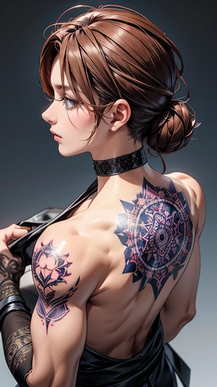 ((One woman)), night city, neon, perfect starry sky, UHD, high detail, high quality, super detail, ultra-fine illustration, 16k, odd eye,Ghibli, gray hair, micro bikini, plain bikini, ((bikini with less fabric)), big eyes, long eyelashes, very long eyelashes, ethnic tattoos, (tattoos that cover the entire body), ((lots of tattoos)), tattoos on the chest, tattoos on arms, tattoos on fingers, (tattoos all over the chest), beautiful features, neutral facial features, (short hair)