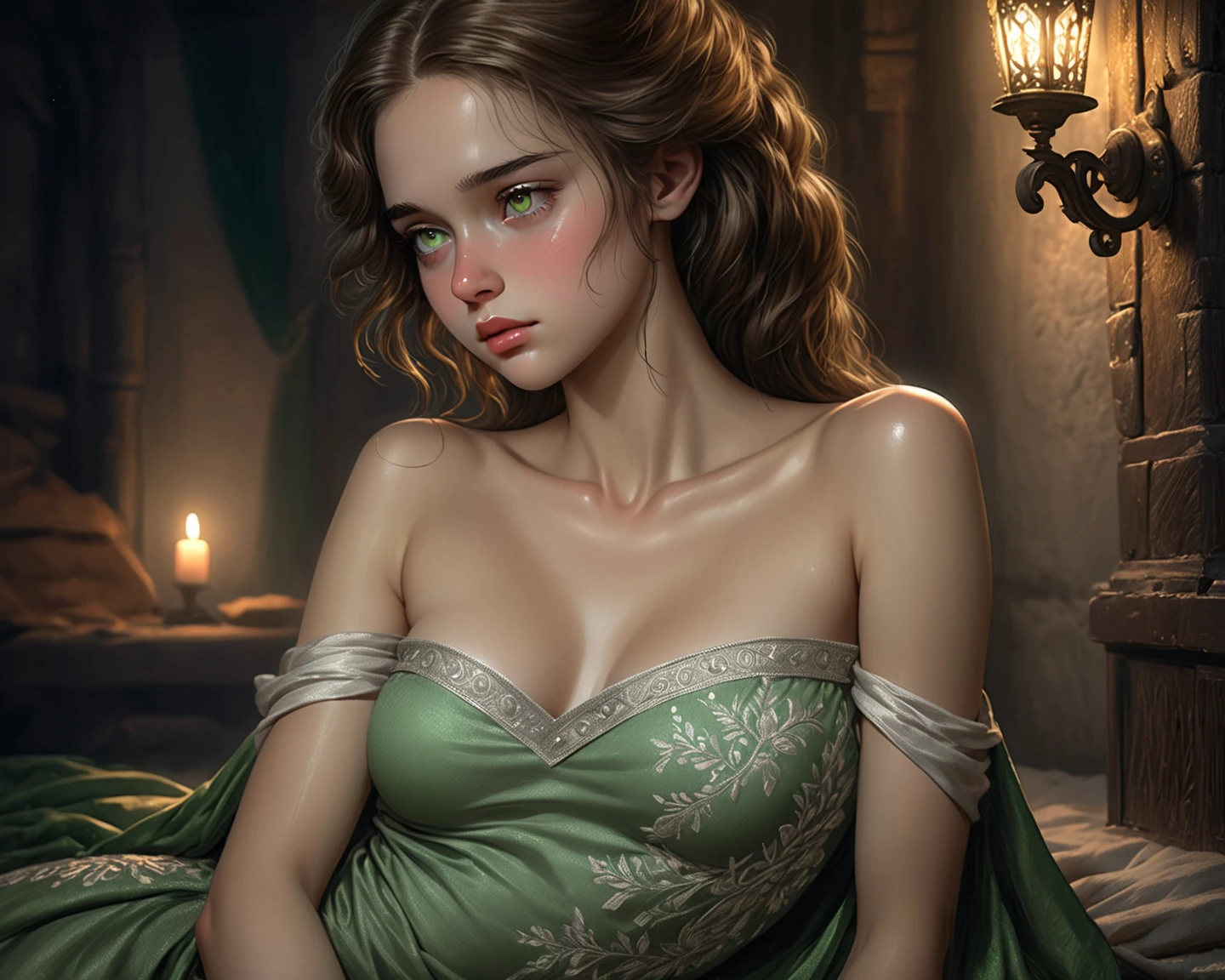 A girl in a luxurious mansion, sad expression, (photorealistic:1.4), cinematic atmosphere, dramatic lighting, detailed room, chandelier, dollars-filled table, rich textures, elegant dress, hand-drawn artwork on the walls, marble floors, sparkling crystal wine glasses, vintage furniture, antique ornaments, tall French windows, soft natural light, melancholic vibes, soft color palette, delicate features, delicate jewelry, intricate lace curtains, a hint of nostalgia, exquisite makeup, tearful eyes, flowing long hair, a touch of loneliness, captivating presence sultry look, seductive