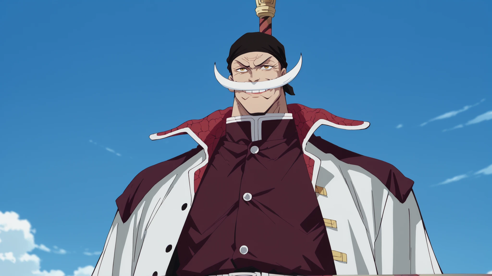 kimetsu_no_yaiba_style, white haori , demon slayer uniform, score_9, score_8_up, score_7_up, source_anime, rating_safe, holding polearm, WhitebeardOP, white_Whitebeard_facial hair, smile, black_Whitebeard_head bandana, yellow_Whitebeard_eyes, 1boy, male focus, anime screencap