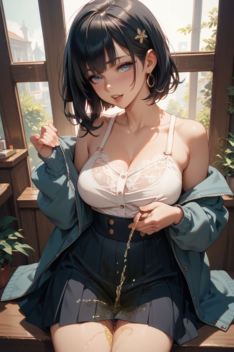 1 girl, mouth, lips, smiling, (perfect eyes), (details in the eyes), single focus, seductive beauty, big hair, locks, bangs, (lighting effects in the hair), (details in the hair), seductive expression, seductive aura, ambient lighting, (short black blouse), (ripped jeans), thick legs, thick thighs, backdrop, background full of plants, green climate, green environment, (plants in the corners), beautiful day, (body wetting), intricate details, enhanced lighting.