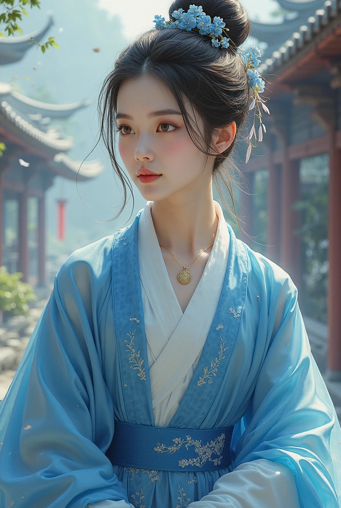 An ancient Chinese beauty standing by the river,中景 the scene is,Wearing ancient Chinese clothing,Flowing tulle silk,(Detailed and perfect facial details),(Beautiful and affectionate eyes),Flowing silky hair,Pavilion,the trees,Flying birds,The vista is mountains,(Ink painting style),Clean colors,Decisive cut,Leave white space,impressionistic,tmasterpiece,(8k wallpaper),(Extremely meticulous and perfectly detailed painting),Epic composition,high high quality,HighestQuali,Master works of painting,realisticlying,Inspired by:《Suzhou Garden》,Ray rendition