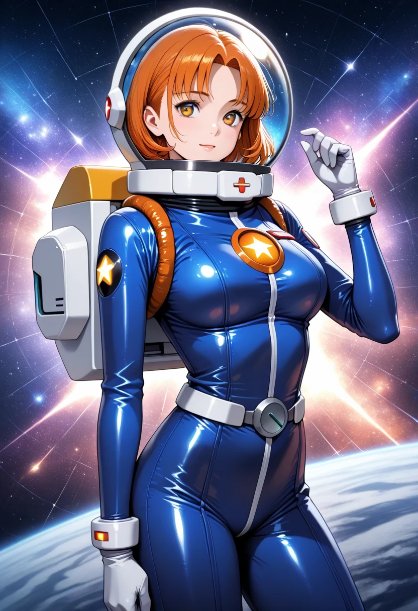 Figure, Astronaut, sexy pose, big breasts, big ass, bob haircut, smile, redhead
