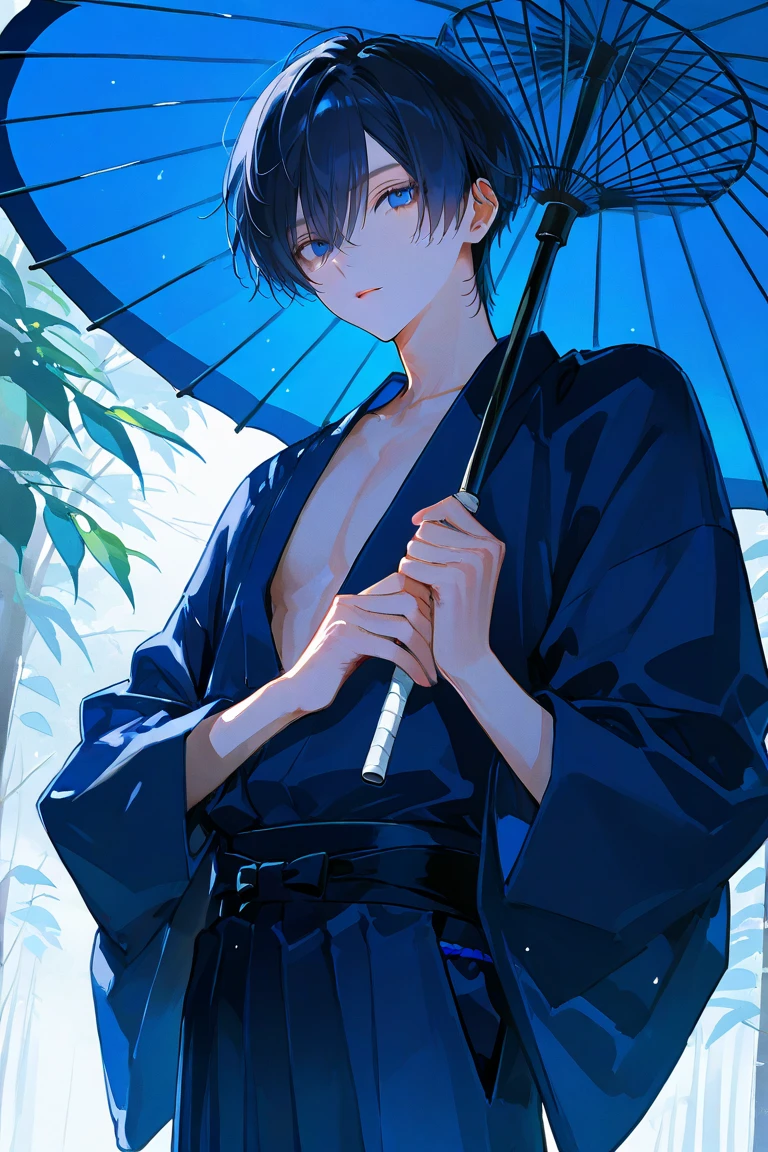 1 boy, short, 16 years old, very skinny, weak build, shiny, pretty face, wearing a katana, fantasy style, looking at the viewer, black hair, (very colorful fancy eyes), bright eyes, very colorful eyes, very long dark brown hair, upper body, (shirtless), (bandages) like pants, very detailed eyes, graphic design, masterpiece, shirtless, skinny, rain, wet, background ancient japan, medieval era, soaked, nsfw,
