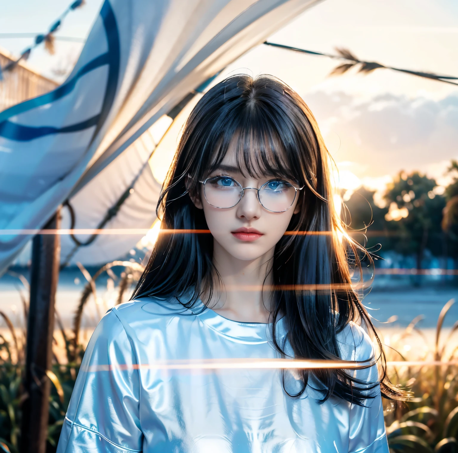 8K quality, pictures, Two beautiful men and beautiful women, Beautiful like a goddess, The backlight of the intense sunset is dazzling, Above chest, (A shirt with no exposure at all:1.2), (Fine silver glasses:1.2), (Brilliant, beautiful, bright blue eyes:1.2), (Beautiful hair blowing in the wind), (White Porcelain Whitening Skin), Half up with bangs, is very big, Photograph,