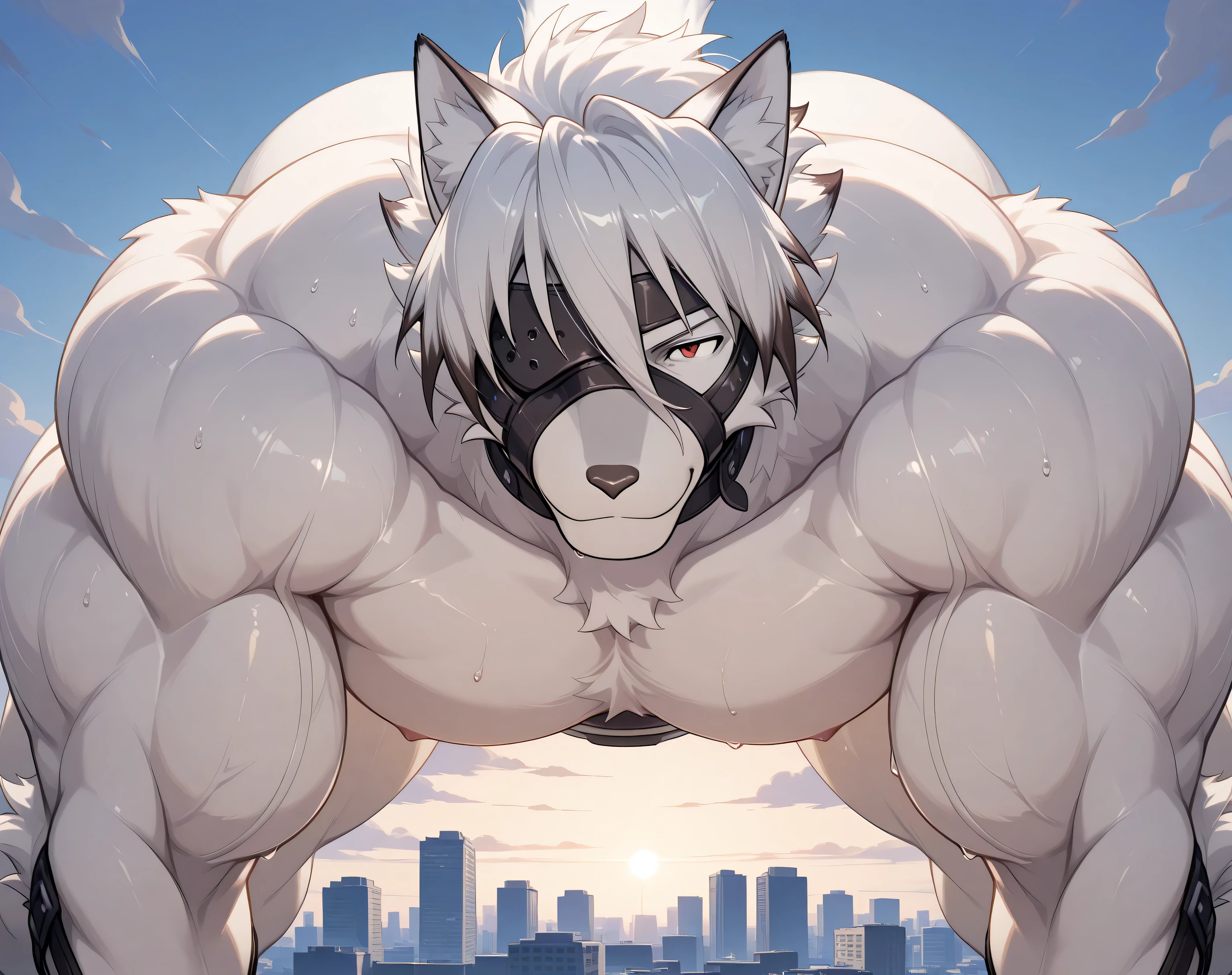 detailed background, low view, city, back view, from the back, close up, solo, alone BREAK score_9_up,score_8_up,score_7_up,score_6_up,score_5_up,score_4_up BREAK kemono, bara, furry, Lycaon, white fur, white hair, animal ears, tail, eye patch, red eyes, male, huge muscular, male, broad chest, broad shoulders, thick arms, thick legs, topless, macro, posing, bedroom eyes, serious, smile, sweaty, looking over shoulder at viewer, on all fours