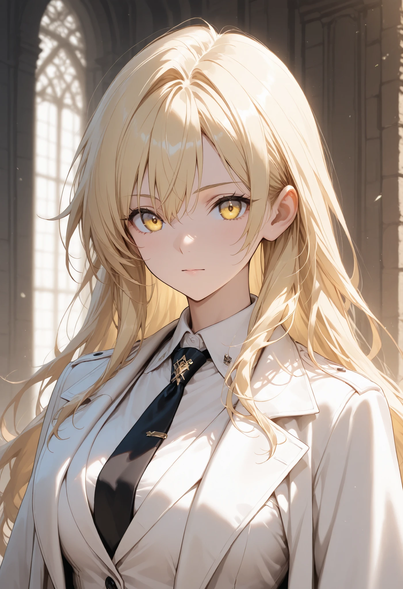 Beautiful, solo, long hair, blonde hair, yellow eyes, white shirt, black tie, white coat