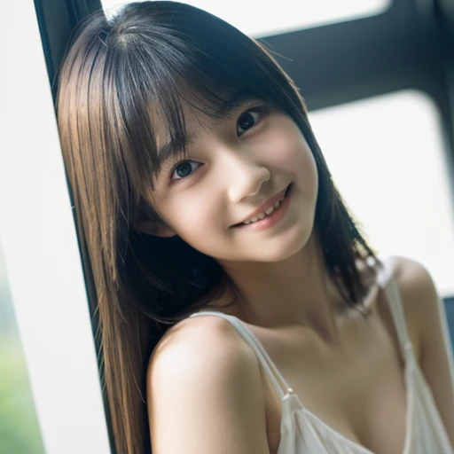 masterpiece, highest quality, One girl, View your viewers, Small waist, RAWphotograph,Ultra-realistic, High resolution, photograph, Sharp focus, Most detailed, Highly detailed eyes and face,Symmetrical face,White sheer dress、Long Hair、Happy expression、living