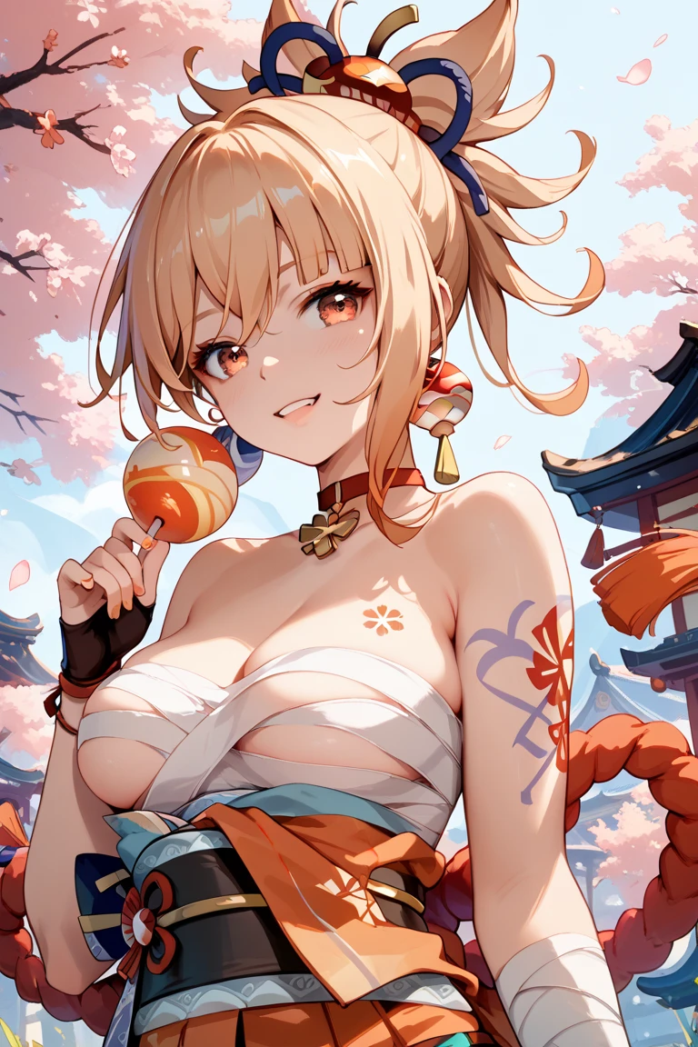 Masterpiece, Best quality, A high resolution, 1girll, Blonde hair, Medium hair, Asymmetrical hair, Floating hair, hair between eye, High ponytail, side locks, hair adornments, fish hair ornament, nipple tassels, kanzashi, bangs, Orange eyes, Open mouth, Smile, teeth, Upper teeth only, choker necklace, red necklace, pendant choker, butterfly choker, 鎖骨, tattoo, chest tattoo, flower tattoo, cleavage, Medium breasts, Thighs, Bandages, bandaged leg, Arashi, Budget Arashi, chest sarashi, black sash, hadanugi dousa, houkisei, Japanese clothes, komono, Kinchaku, Obi, Obiage, obijime, orange kimono, pouch, print kimono, Cord, sash, shimenawa, Short kimono, Single bare shoulder, visions (Genshin Impact), east asian architecture, Cherry blossoms, full body, crouched, sparkler, Night, fire works, Handheld fireworks, Legs together, Feet, Single glove, Single fingerless gloves, arms cuffs, Black socks,