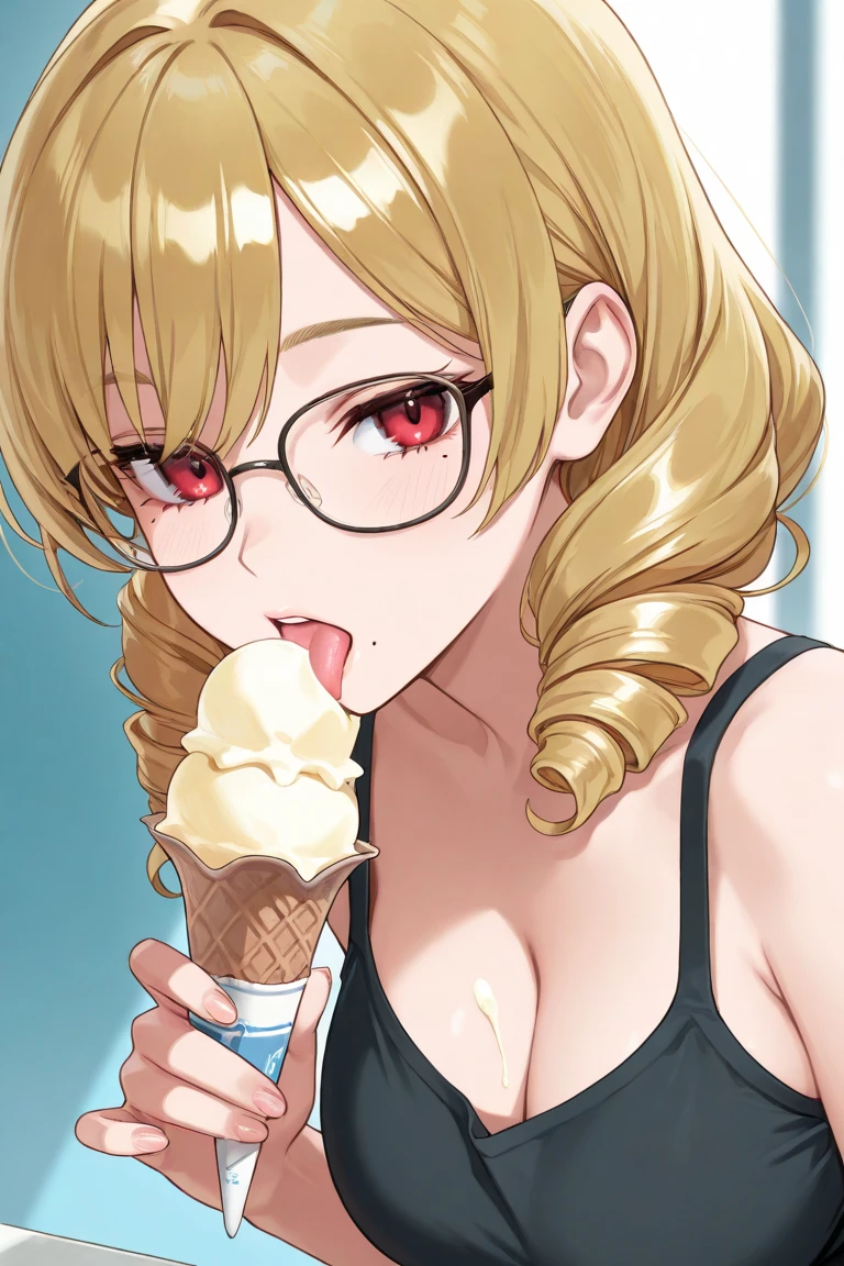 Hanayo Koizumi, hanayo　Koizumi, short hair, Brown Hair, Purple eyes,Big Breasts,happy smile, smile,Black-rimmed glasses,Green Tank Top,white string underwear,barefoot,Holding ice cream in both hands,Eating ice cream,Sitting on the sofa,whole bodyがイラストに入るように,　　　　　　　　　　　　　　　　　　　break looking at viewer, whole body,(Cowboy Shot:1. 5) 　　　　　　　　　　　　　　　　　　　break indoors,  　　　　　　　　　　　break (masterpiece:1.2), Highest quality, High resolution, unity 8k wallpaper, (shape:0.8), (Beautiful attention to detail:1.6), Highly detailed face, Perfect lighting, Extremely detailed CG, (Perfect hands, Perfect Anatomy),