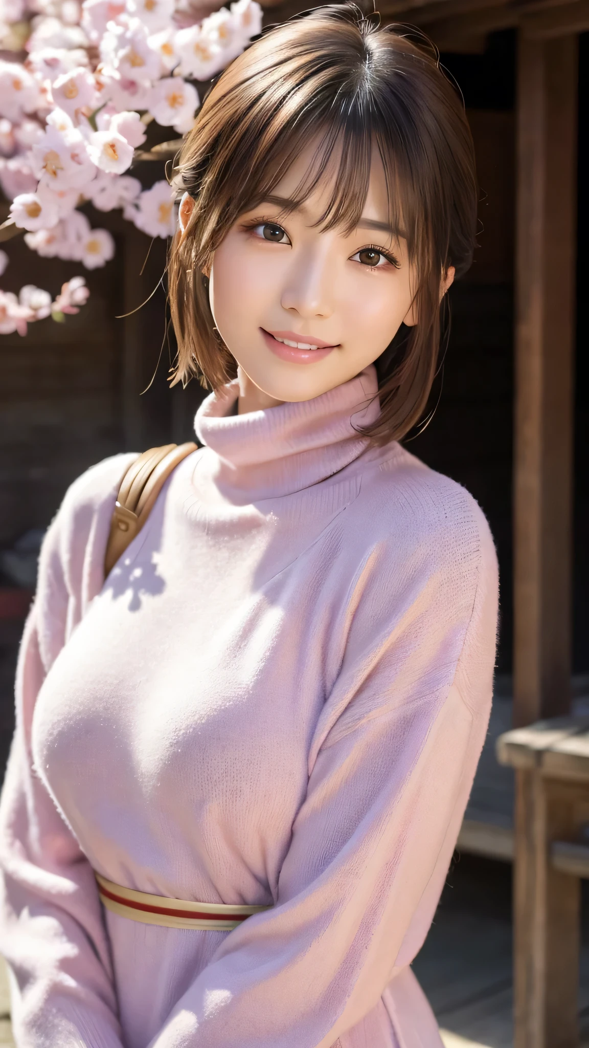 1 girl、Photoreal、amazingly beautiful、(highest quality、8K、32K、masterpiece、nffsw:1.3)、(realistic、super detailed、Best detailed body capture、eye for detail, beautiful eyes、Street view、(perfect anatomy:1.3)、(no mask:1.photograph、table top）、((No makeup))、cute japanese woman、24-years-old、OL、young girl、have bangs、double eyelid、drooling eyes、big black eyes、attractive、purity、cute smile、natural smile、watch here、realistic肌タイプ、knit sweater、((scarf hair))、the wind is blowing、illumination、Light is shining from behind、medium bob cut、Do not show ears，My eyes are big，slightly sagging eyes，No makeup，((big breasts))，((Voluminous bust))、my hands are behind my waist、&#39;invisible.