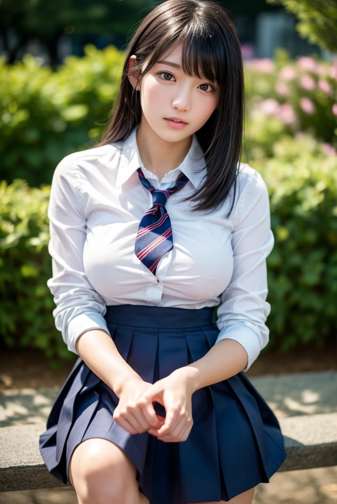 Japanese high school girl. She doesn't wear any pants and pulls up her plaid gray skirt so her genitals are visible. Her dark blue jacket is unbuttoned to the shoulders and her breasts are visible. Her breasts are beautifully shaped. She has black hair and is neat. a baby face