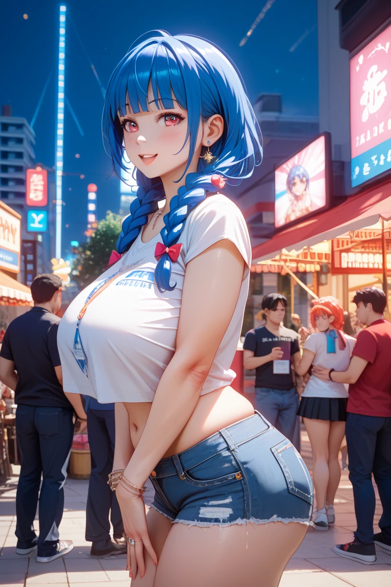 1girl , a 17 yo girl , 17 years old , super adorable , full head ,(Upper Body : (small breasts) , Skinny ) , ((tmasterpiece)) , (Very detailed CG unity 8K wallpaper) , best qualtiy , cinematic lighting , (hi-top fade:1.3) , dark themed , Muted Tones , Subdued Color , highly contrast , (natural skin textures , Hyper-Realism , Soft light , sharp) , (Hair : (Light Cyan Hair:1.5) , (shoulder-length hair) , ponytail , ) , (Cetacean Blue eyes:1.5) , beautiful detailed eyes , (Bright eyes:1.5) , (Very fine and beautiful) , (Beautiful and detailed eye description) , ( Background : (Random Amusement park at night Background) ) , Blur Background , (Topless) , Periwinkle Big Shape Jeans , Light cyan Furry Strapped Combat Bootie Boots , Full body shot , random view ,(Joyful Emotion:1.5) , Happy expression , (Pose : random pose , smile shy ) , (hair covers one eye : 1.5), Navel, small breast