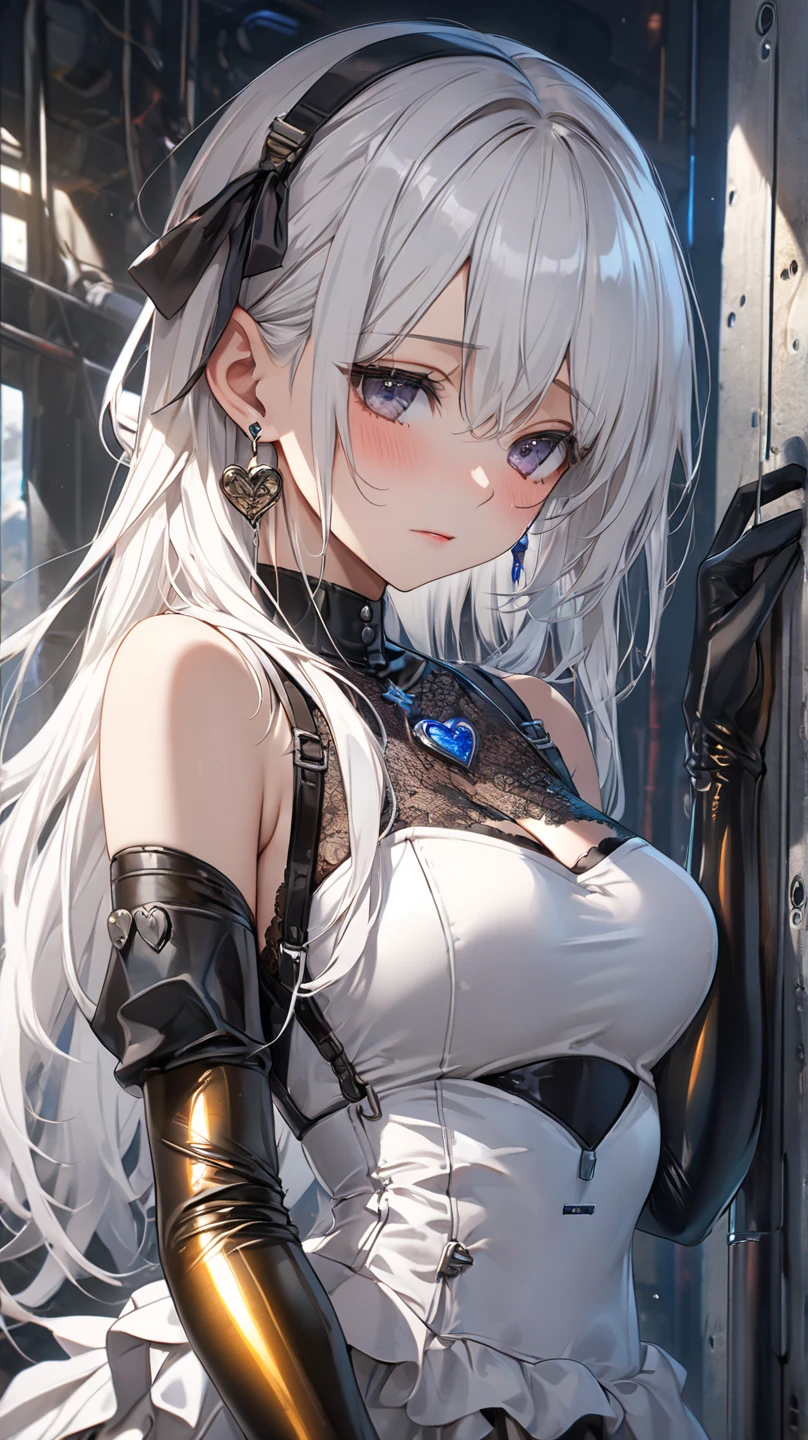 最high quality、best image quality、masterpiece、age girl((18-year-old、 By becoming、vest bust、medium bust,wide open breast tea、black eye, gray hair、long hair、thin,highest valley、Love of the Universe、Cosmic dress)),high quality、beautiful art、background((Lunar surface、Mysterious space))debris flies、Depth of written boundary、movie、visual art、perfect art、8K,genuine