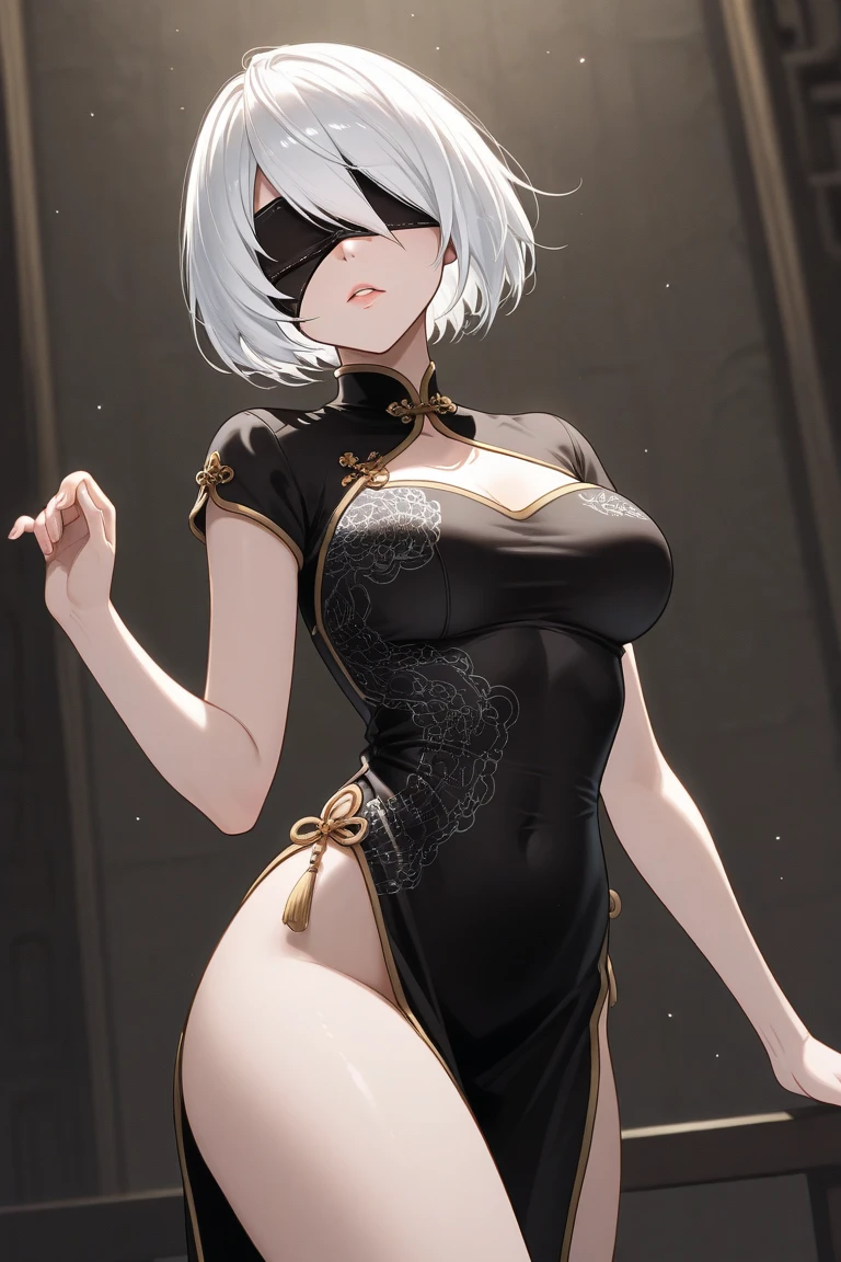 best quality, 32k, RAW photo, incredibly absurdres, extremely detailed, delicate texture, beautiful cute woman, glossy silver long bob cut, hair over one eye, amorous and lewd expression, rhythmic gymnastics uniform with gold embroidery on a white background, superlative body proportion, background iridescent full moon