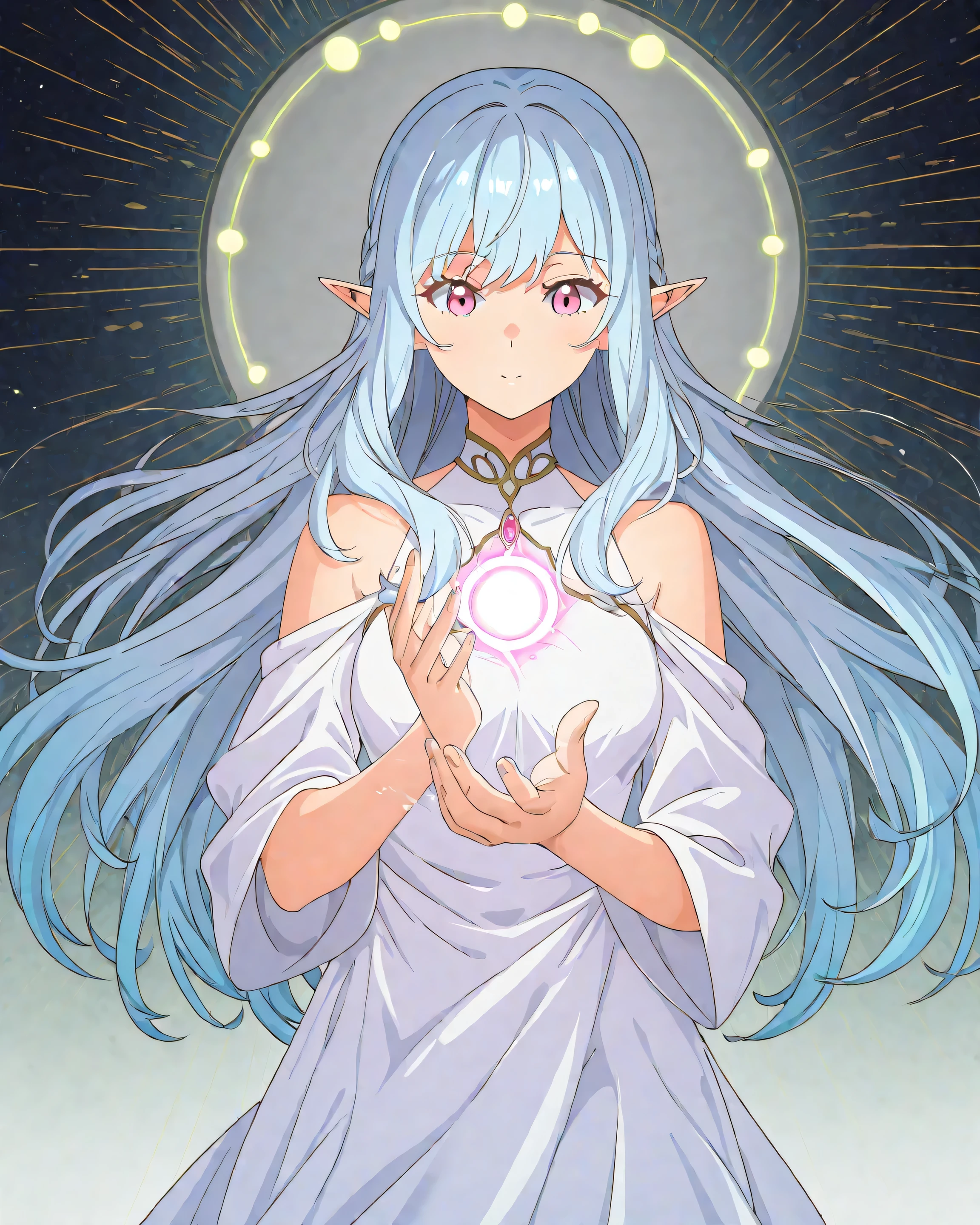 It is drawn with beautiful anime art. A very beautiful female elf. Pink eyes. Long hair with a silver and light blue gradient. She is wearing a sacred dress, and she has her left hand palm up, and in the air, a round shape of light energy power is formed. The wind is blowing. The background is an energy effect,