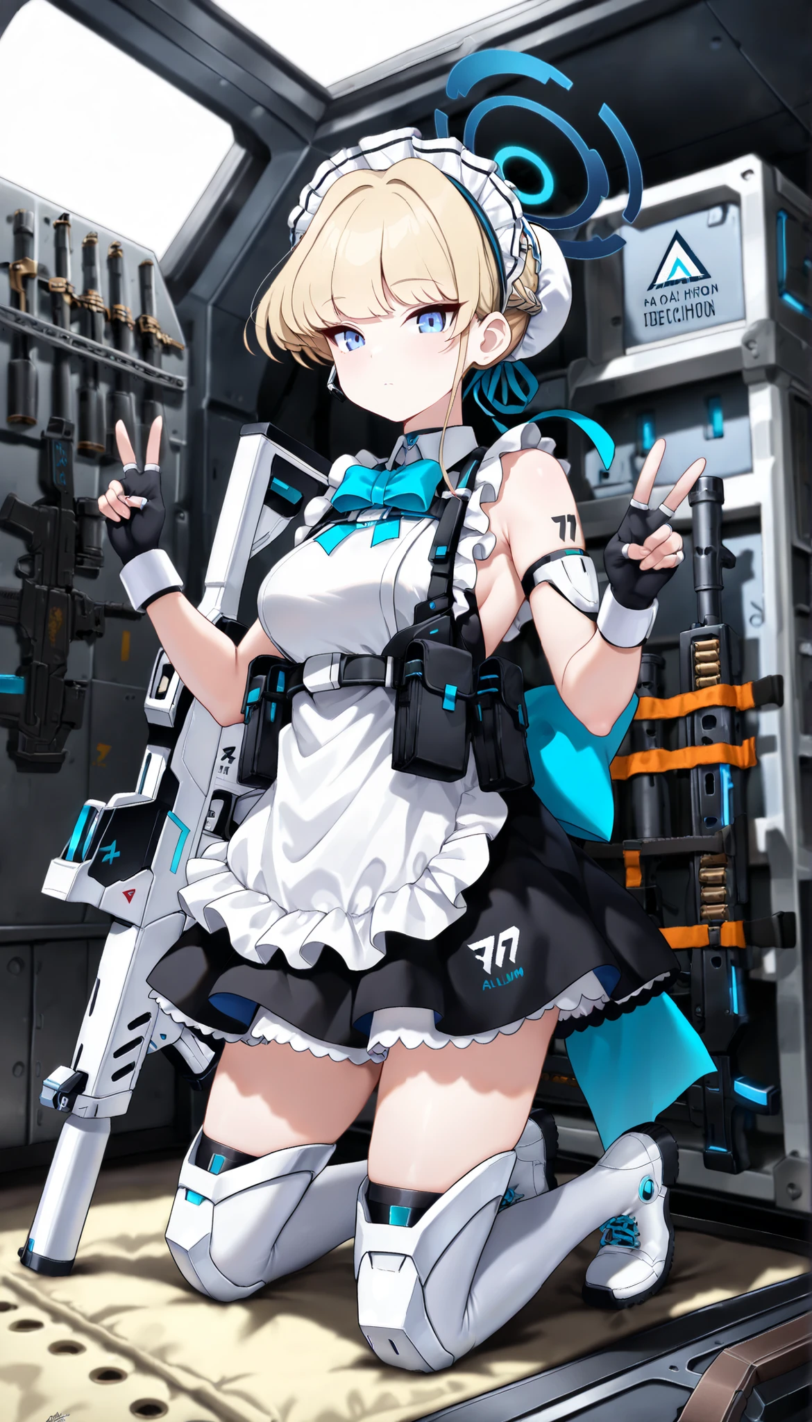 (masterpiece),(of the best quality),(ultra high definition),(highest resolution),(very detailed),(soft light),Front Map,science fiction,( in the ammo depot,gun racks,heavy weapons,light weapons),(1 milf),(no expression),maid,((Blue Archive/asuma toki)), headdresses on the beach,blue eyes,slender body,medium breasts,blonde hair,(( maid clothes:1.2, bare shoulders)),(( chignon )), white apron , black skirt , thighhighs,combat boots,magazine pouch ,chest rig,((A blue ripon on the back)), peace sign, Kneeling