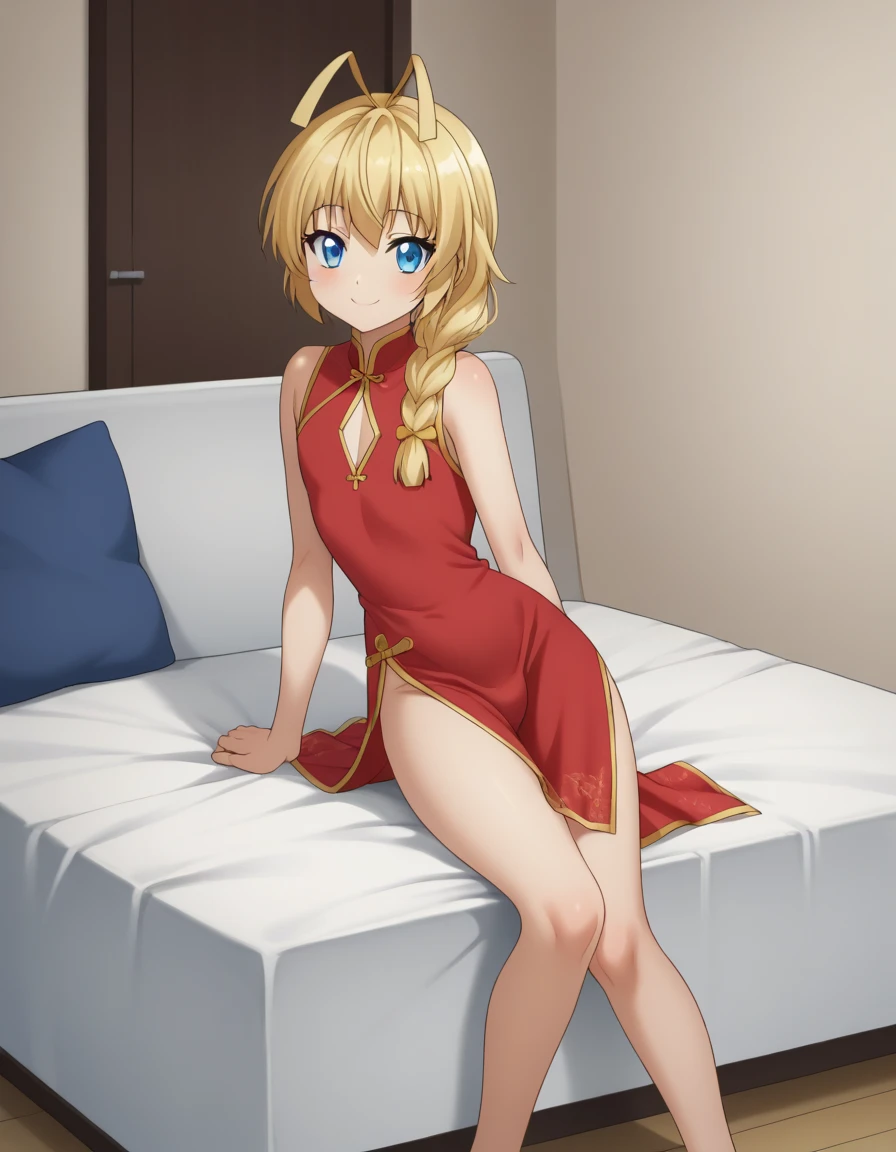 Safe for work, masterpiece, best quality, solo, 1 girl, facing forward, looking at camera, (young female body:1.4), ( medium small breasts), golden yellow hair, extra long hair, blunt bangs, crystal blue eyes, very detailed eyes, luxourius bedrrom background, on bed, arched back, strapless dress, long red gown, long red dress, aehego, Lying on stomach, collar, elbows on bed, leaning forward, spreading legs