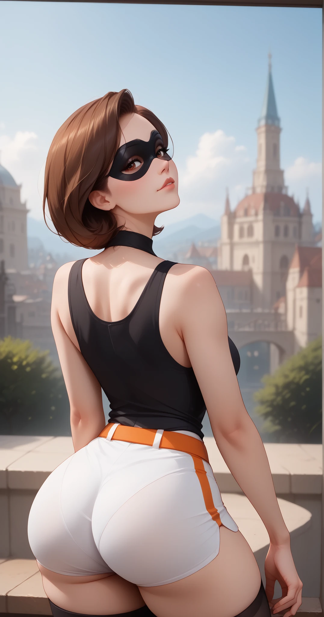 score_9 , score_8_up , score_7_up , score_6_up , BREAK, (((Best Quality , 8K , Masterpiece: 1 . 3)) , Full Body , Focus Clear: 1 . 2 , Outstanding Beauty: 1 . 4 , Slender Abs: 1 . 2)) , ((dynamic angle)) , (((wide view))) , wide-angle lens , extremely detailed , CG , 8k Amazing , finely detail)) , (intricate details , depth of field) , 8k UHD, Expressiveh , (cute face , cute body))), 1girl, high detailed, backside, photo from behind, thicc, wide hips, tight shorts, detailed face, beautiful expression, alluring gaze, captivating pose, elegant silhouette, dynamic composition, cinematic lighting, warm color palette, photorealistic, 8K, hyper detailed, professional photography, natural skin tones, studio lighting, (((1girl, helenp, helen parr, elastigirl, brown hair, brown eyes, domino mask, mask, red bodysuit, black highleg shorts, orange belt, black elbow gloves, black thigh boots, wide hips, medium breasts))), ((((seductive pose , sexy pose , cowboy pose , hourglass figure)))) , ((precise face and eyes:1))