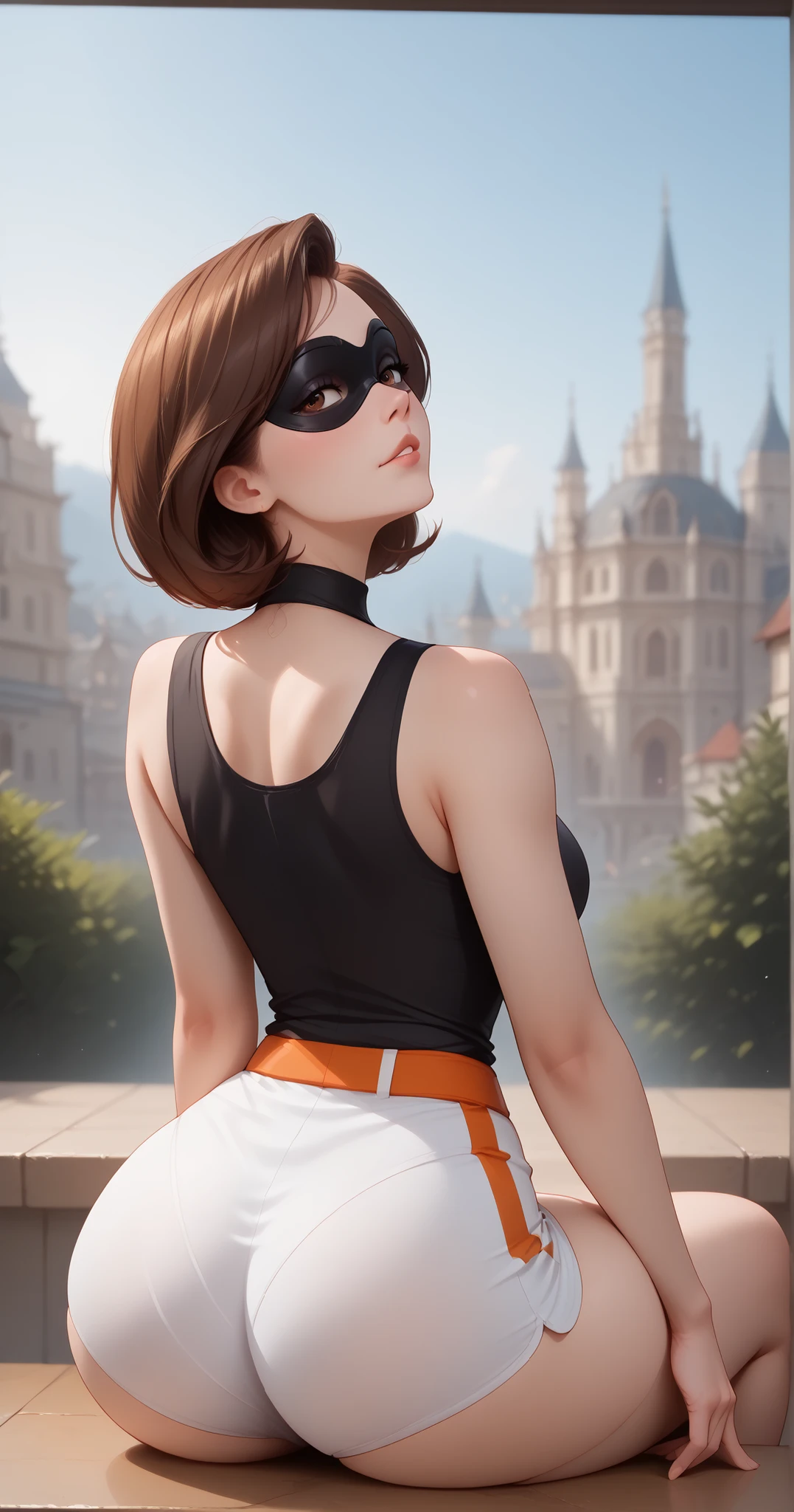 score_9 , score_8_up , score_7_up , score_6_up , BREAK, (((Best Quality , 8K , Masterpiece: 1 . 3)) , Full Body , Focus Clear: 1 . 2 , Outstanding Beauty: 1 . 4 , Slender Abs: 1 . 2)) , ((dynamic angle)) , (((wide view))) , wide-angle lens , extremely detailed , CG , 8k Amazing , finely detail)) , (intricate details , depth of field) , 8k UHD, Expressiveh , (cute face , cute body))), 1girl, high detailed, backside, photo from behind, thicc, wide hips, tight shorts, detailed face, beautiful expression, alluring gaze, captivating pose, elegant silhouette, dynamic composition, cinematic lighting, warm color palette, photorealistic, 8K, hyper detailed, professional photography, natural skin tones, studio lighting, (((1girl, helenp, helen parr, elastigirl, brown hair, brown eyes, domino mask, mask, red bodysuit, black highleg shorts, orange belt, black elbow gloves, black thigh boots, wide hips, medium breasts))), ((((seductive pose , sexy pose , cowboy pose , hourglass figure)))) , ((precise face and eyes:1))