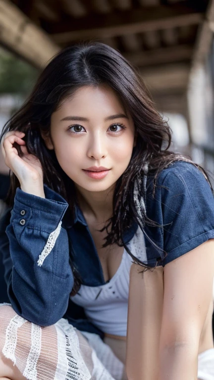 You are a professional gravure photographer.。future、Beautiful Eyes、 ((highest quality)), Clear contours, Woman with beautiful face, (((One Girl,alone))), ((Beautiful Eyes)), Sex Appeal,Albedo and Specular Maps、Accurate simulation of lightweight material interactions、Thigh shot、Three-dimensional background、Bob Hair、Open shirt