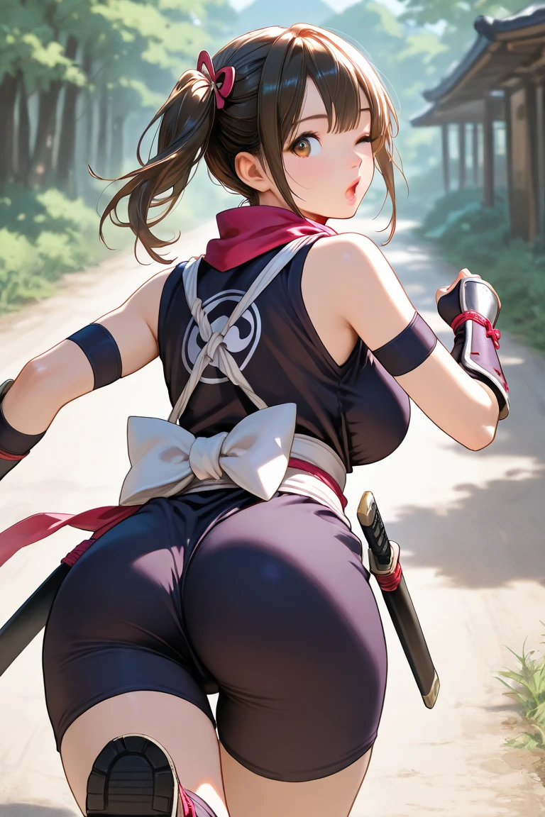 realistic, masterpiece, ray tracing, black hair, bikini, tight clothing, sleeveless, no teeth, smile, small breasts, red lipstick, blue eyes, wide hips, thick thighs, legs, boots, pretty face, on top of hill, grass, flowers, trees, sakura, bent over, showing ass, ass up, showing butt, bend over, watching sunset, stars, night sky, moon, clouds
