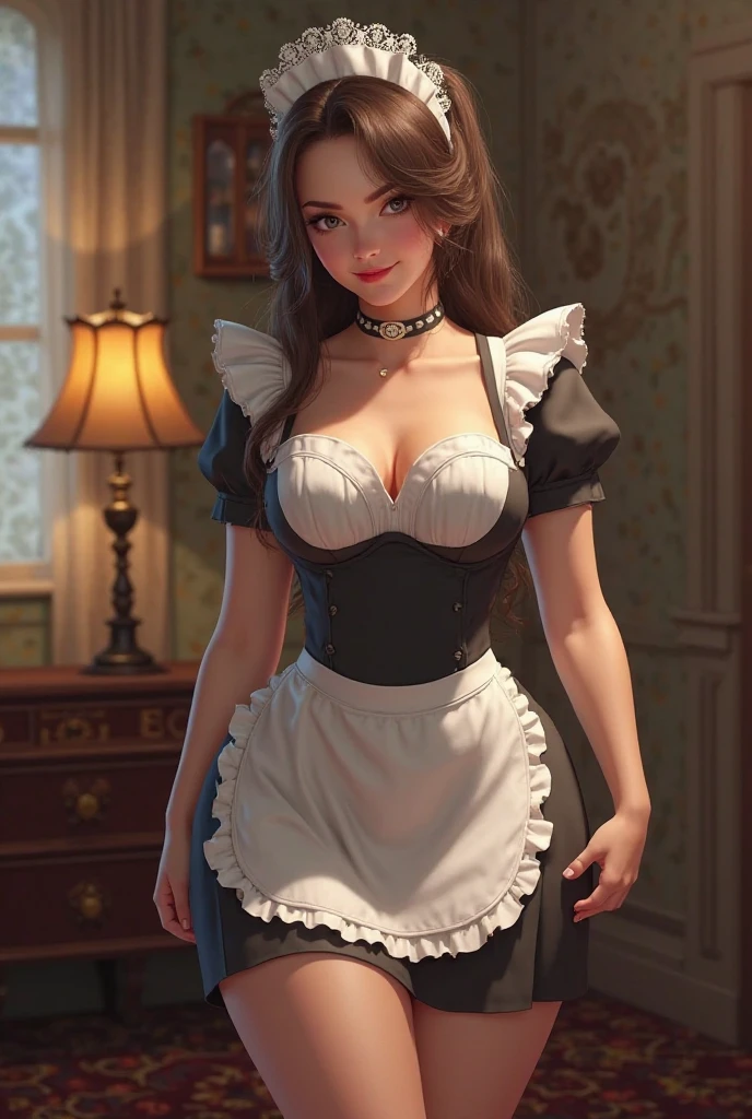 Lucy pinder, smiling, maid, very intense makeup