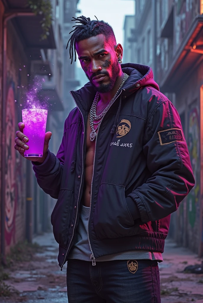 Create a character for me with US drip style, wearing a Louis Vuitton belt, a white tank top, and skinny jeans.  He has diamond-studded teeth, an Ice chain necklace, and is holding a bottle of purple codeine, showing it to the camera.