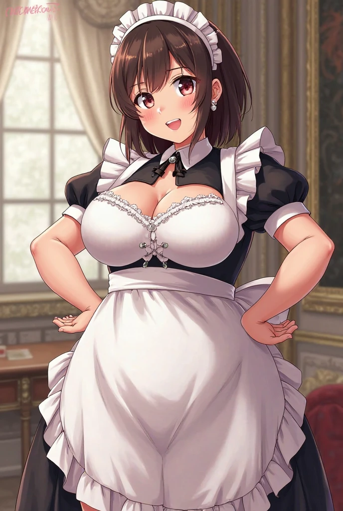 1girl, solo, standing,
brown hair, short hair, double bun,
green eyes, looking at viewer,
maid, black dress, (maid dress:1.2), puffy skirt, long skirt, puffy sleeves, long sleeves, juliet sleeves, cleavage,
(huge breasts:1.1), covered nipples,
Indoors, (renaissance, vintage:1.2), red curtains, ornate walls,
<lora:Yabby v3:1>
