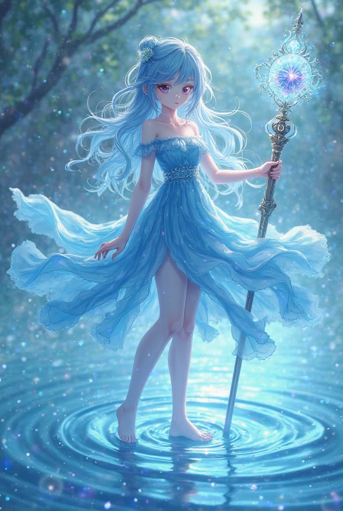 A white and gentle anime girl wearing a blue battle dress and controlling the water around her