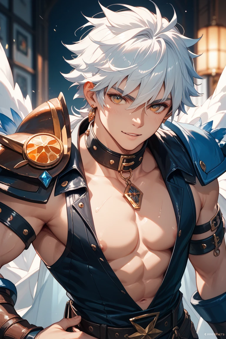 absurdres, highres, ultra detailed, HDR, master piece, best quality, Lucifer, white hair, expressive blue eyes, granblue fantasy, solo, sexy man, handsome, toned chest, black armor, red cape, patterns, magical, fantasy, blue background, blue lotus, shining, blue petals, blue sparkling butterflies, blue water