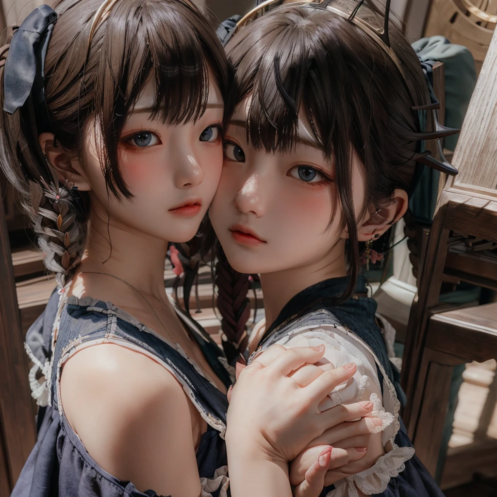 beautiful twins portrait, two beautiful girls, black pigtails, beautiful science fiction twins, twin tails, trending on cgstation, twin tails hairstyle, beautiful gemini, , Trending on cgstation, wlop and sakimichan, Gwaites style artwork、(((red dress、red eyes)))、(((white dress、blue eyes))),(((hug)))、red eyes、blue eyes