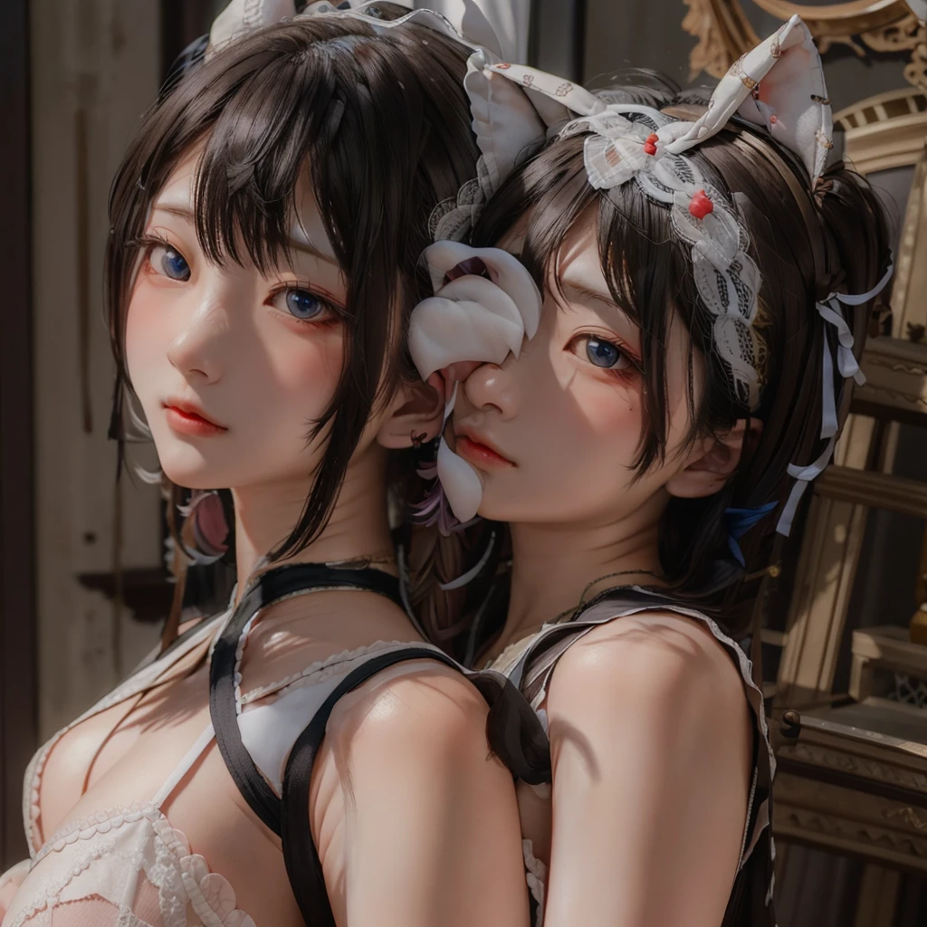 Bun black short hair、Let it shine, Beautiful pale blue and red odd eyes、Big double eyelid eyes、round face、eyeliner、Snow-white skin、shiny skin with shiny cheeks、A magical green dress with a visible back、