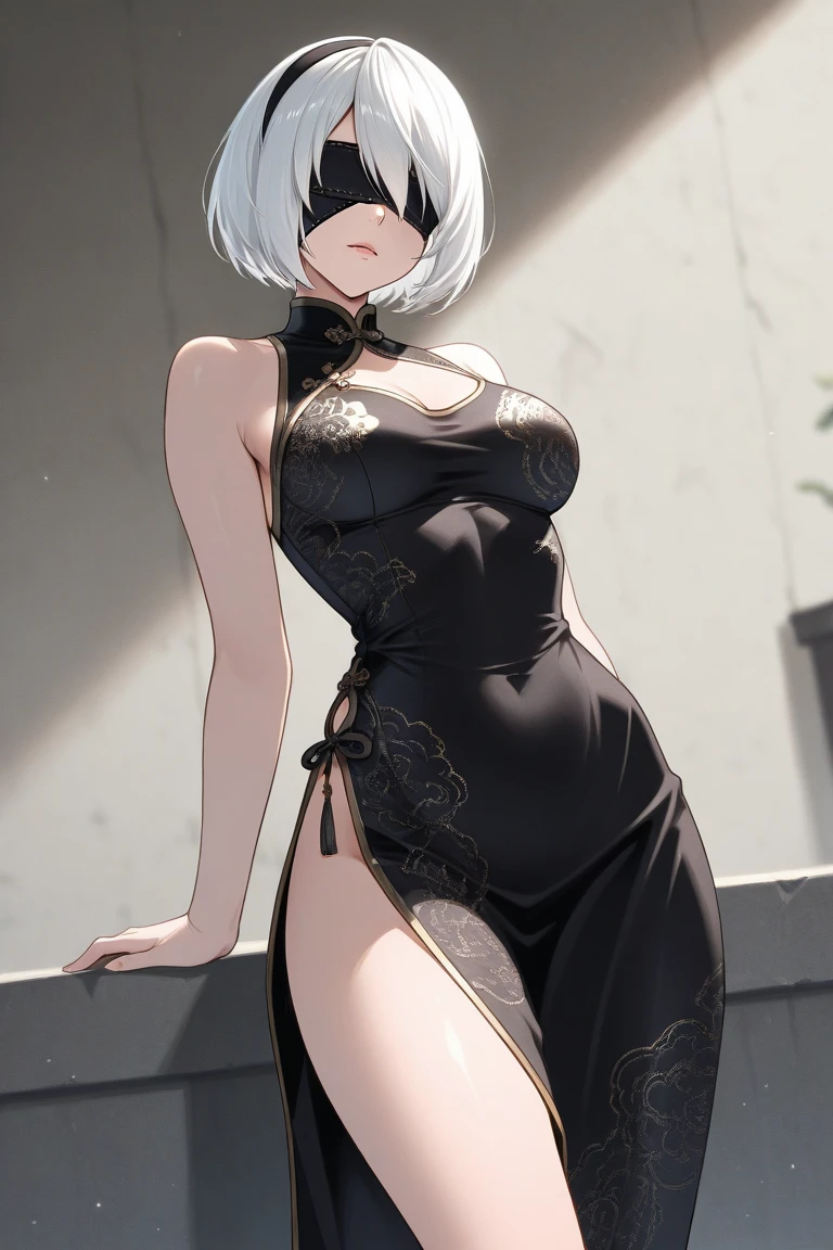 ((((masterpiece, best quality, high resolution)))), Extremely detailed 8K, Beautiful girl with voluptuous body, (Ultra HD, Ultra-detailed, Highly detailed, Highly realistic, Ultra-realistic, photograph realistic), (1girl:1.5), (Realistic white hair), (short wavy hair, hair ornaments, earrings), (dynamic poses), facing at camera, looking at viewer, (blushing red, embarrassed, exhausted, smile), (purple eyes, sharp eyes), (perky breasts:1.2), (beautiful detailed face, beautiful detailed eyes), ((glittery black silk slit dress)), (detail pussy), (standing up), sweat, glow, (nightlight), ((cowboy shot)), jazz bar, seductive