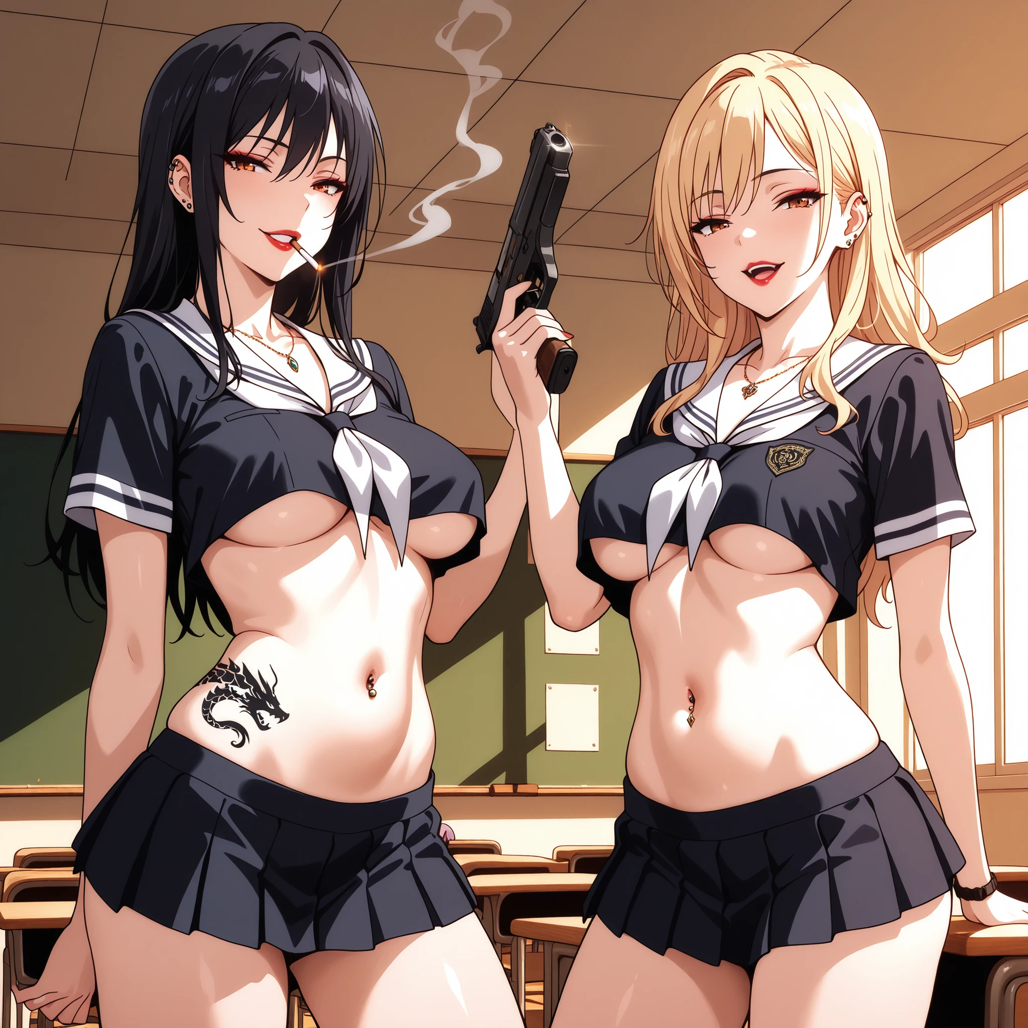 2girls, two girls, high detailed, best quality, ,red lipstick ,medium breasts, blonde hair, black hair, necklace ,, ear piercing, long hair, , lipstick,Hot girl, baddie, smoking, sensual, attractive ,, cinematic lighting, masterpiece, best quality, highly detailed, a girls in sailor uniforms with a gun posing for a picture, evil
smile, smile, open mouth,black_serafuku, (nsfw) not safe for work, ecchi style, high school girls, holding
a gun, hold a gun, micro skirt, exposed belly, exposed navel, exposed midriff, holding pistol,underboob,
exposed lower belly,school, classroom, navel piercing , dragon tattoo, narrowed eyes, tattoo midriff, looking at wiewer,