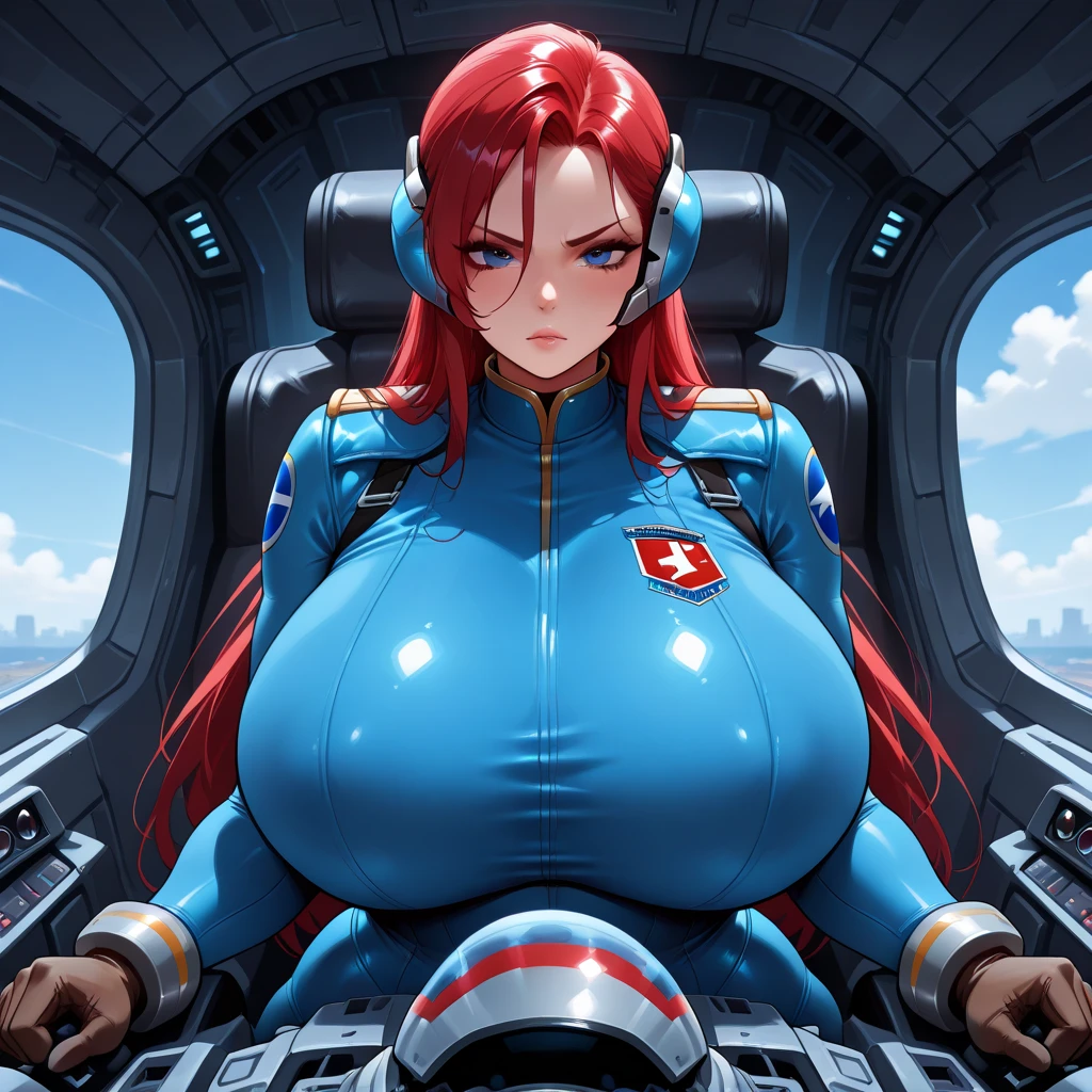 1 girl (Huge muscles, huge breasts, huge hips) red hair, green eyes, pale skin muscular thick thick thick very long hair thick thick, bear chest ((((strongly unbuttoned bodysuit)))) ((((white bodysuit)))