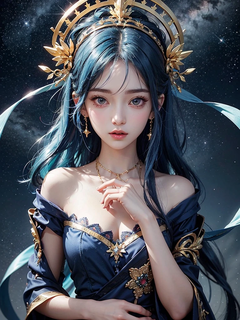 Ultra HD、A beautiful blue-haired character、Upper Body、とてもBig eyes、Big eyes、Fortune teller with crystal、Holding the crystal in both hands、Red burning cheeks、Night scene with starry sky background、Wearing a gorgeous dress、Subtle details、A fantastic atmosphere、Anime style、Disney style