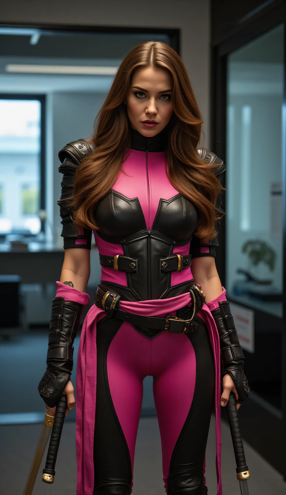 "Full-body shot, ultra-realistic, same modern office background, fierce and battle-ready, wearing a skintight, battle-worn pink and black ninja bodysuit with armored plating, deep pink sash flowing from her waist, long wavy brown hair remains the same, piercing golden eyes, twin sais glowing faintly in her hands, high-detail fabric texture and leather gauntlets, subtle battle scars on her arms, cinematic lighting with a dramatic shadow effect, exuding deadly grace."