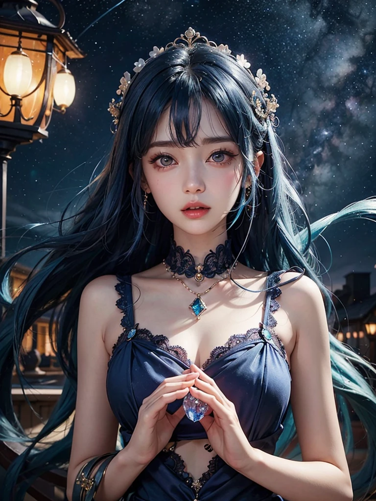 Ultra HD、A beautiful blue-haired character、Cute big eyes、close、Red burning cheeks、Night scene with starry sky background、fortune teller、Blue Crystal、Wearing a gorgeous dress、Subtle details、A fantastic atmosphere、Anime style