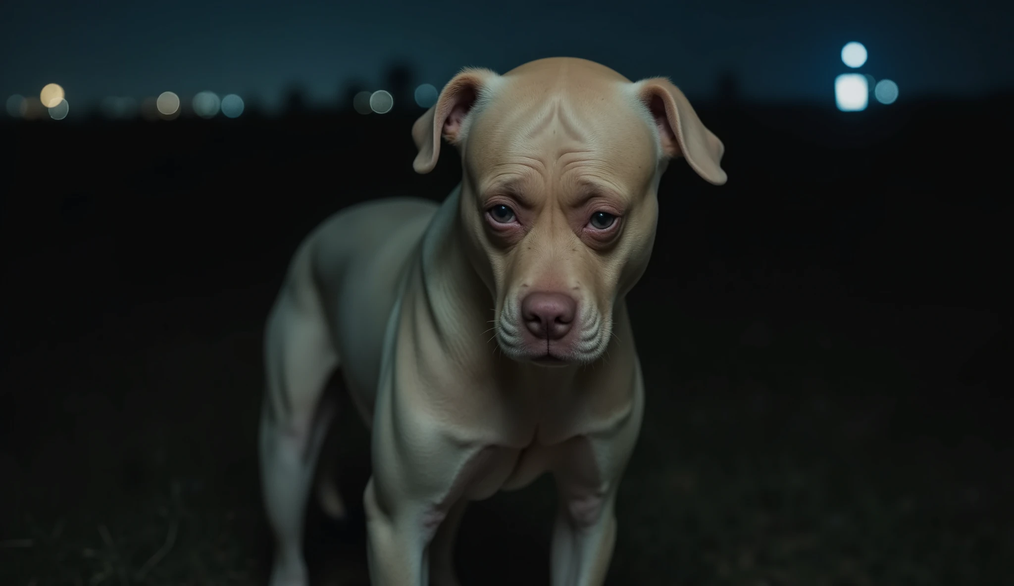 A surreal and eerie creature with the face of a middle-aged man and the body of a dog. The man's face is bald on top with short hair on the sides, has thick eyebrows, tired eyes, a slightly wrinkled forehead, and a neutral but somewhat sad expression. His skin tone is natural, blending seamlessly into the dog's body. The dog's body is smooth and simple, with short, soft fur. The background is dark with a mysterious night atmosphere, faint city lights glowing in the distance. The lighting is soft and diffused, creating a dreamlike, slightly unsettling mood