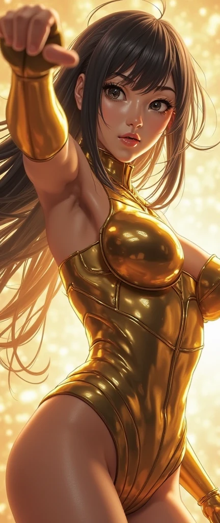 Highest image quality,Outstanding details,Ultra-high resolution,4K image, assembly, best quality, masterpiece, movie lighting ,Sexy,Huge breasts,cleavage,action,In battle,light beam from hand,Golden lightning surrounds,Long green hair,Green eyes,Lipstick,Gold armor,There are cracks on the armoghting hard,Sweat,anger