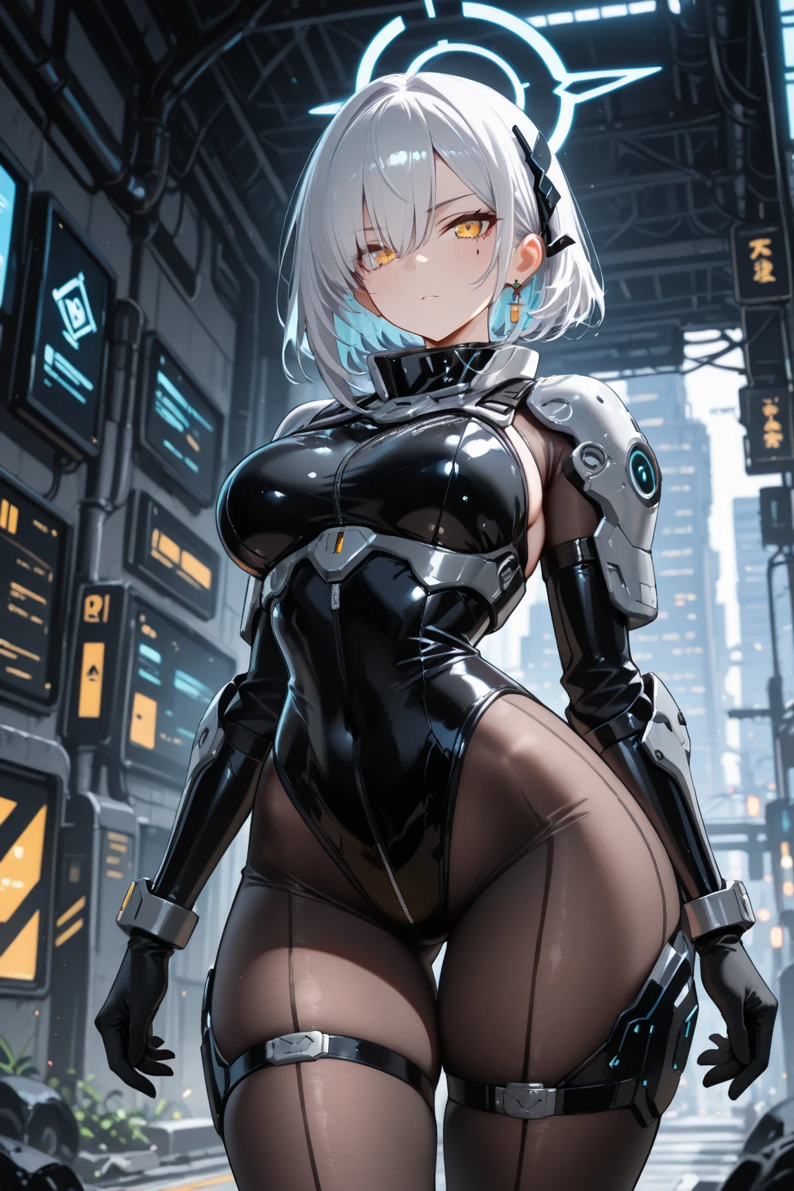 ((Masterpiece, Highest quality)), Detailed face, Beautiful face, full bodyesbian, Full of details, Highly detailed, Depth, Beautiful girl with grey hair,with hair dishevelled,short grey hair,Sick,White pupils,The legs are very thin,The legs are long, yellow eyes, glowing eyes, masterpiece, 1girl ((20year old, futuristic mech armor exposes navel, black armor, medium breasts, naked, flirting, buttcup, back facing, standing in the top of a sci-fi futuristic urban building, neon lights and towering skyscrapers, futuristic and energetic atmosphere), ((nighttime)) ((low camera angle, ground view)) Tall and tall,Thin, 8k, ultrarealistik, oficial art,NSFW, blush,