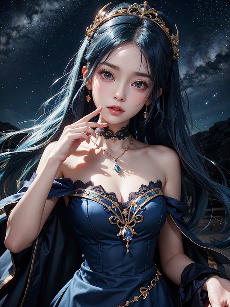 Ultra HD、A beautiful blue-haired character、Upper Body、Big eyes、Big eyes、Round eyes、fortune teller、Holding up the blue crystal、Red burning cheeks、Night scene with starry sky background、Wearing a gorgeous dress、Subtle details、A fantastic atmosphere、Anime style