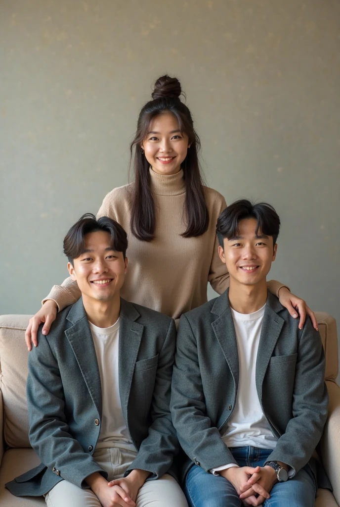 Kpix photo, background is black. All korean, two girl at each side and one boy at center. The boy wearing shirt with tie and one girl dragging the tie to her. The other girl putting her hands over the boy's shoulder