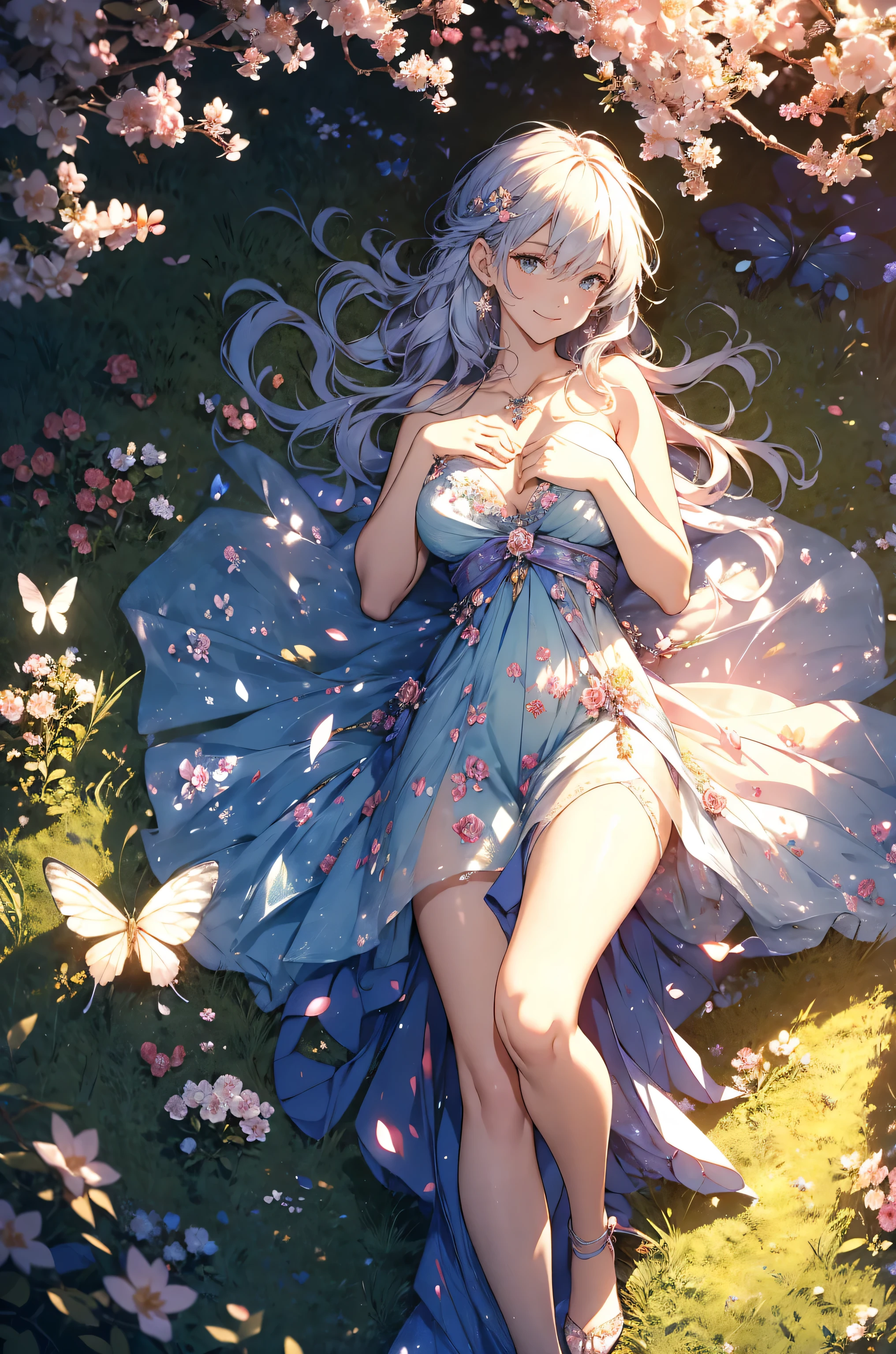 best quality　   sexy❣️エロティシズム！mystical  、( Bold Composition  ) 1girl cute smile！smile!   gentle gaze  ,  beautiful 、Beautiful skin with a chest circumference of 130  、sexy、 Beautiful chest skin ！BEAUTIFUL THIGS、beautiful legs ‼️ slender model figure、　  music 　Healing simple lawn composition fantasy world、western fantasy style  　flower、  beautiful 　 　Green grass　Beautiful Rose Hedge　　　flower pot　Many kinds of flowers　  Mr..々flower　 butterfly々　cherry blossoms、cherry blossoms舞い散る、 
Keep it simple      　 beautiful brilliance 、long silver blue hair、The strongest beautiful decorative flower sexy white dress、  calm atmosphere   、昼   petals、  open 、  Beautiful young body 、  big 胸 、beautiful skin,  、beautiful brilliance,  high definition depiction  ,                              Realistic Fantasy Romanticism ,, ultimate beauty　moving！high resolution, 
