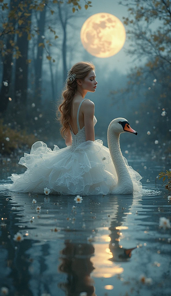 Imagine a woman in a sexy luxury dress, with the head of a white swan animal